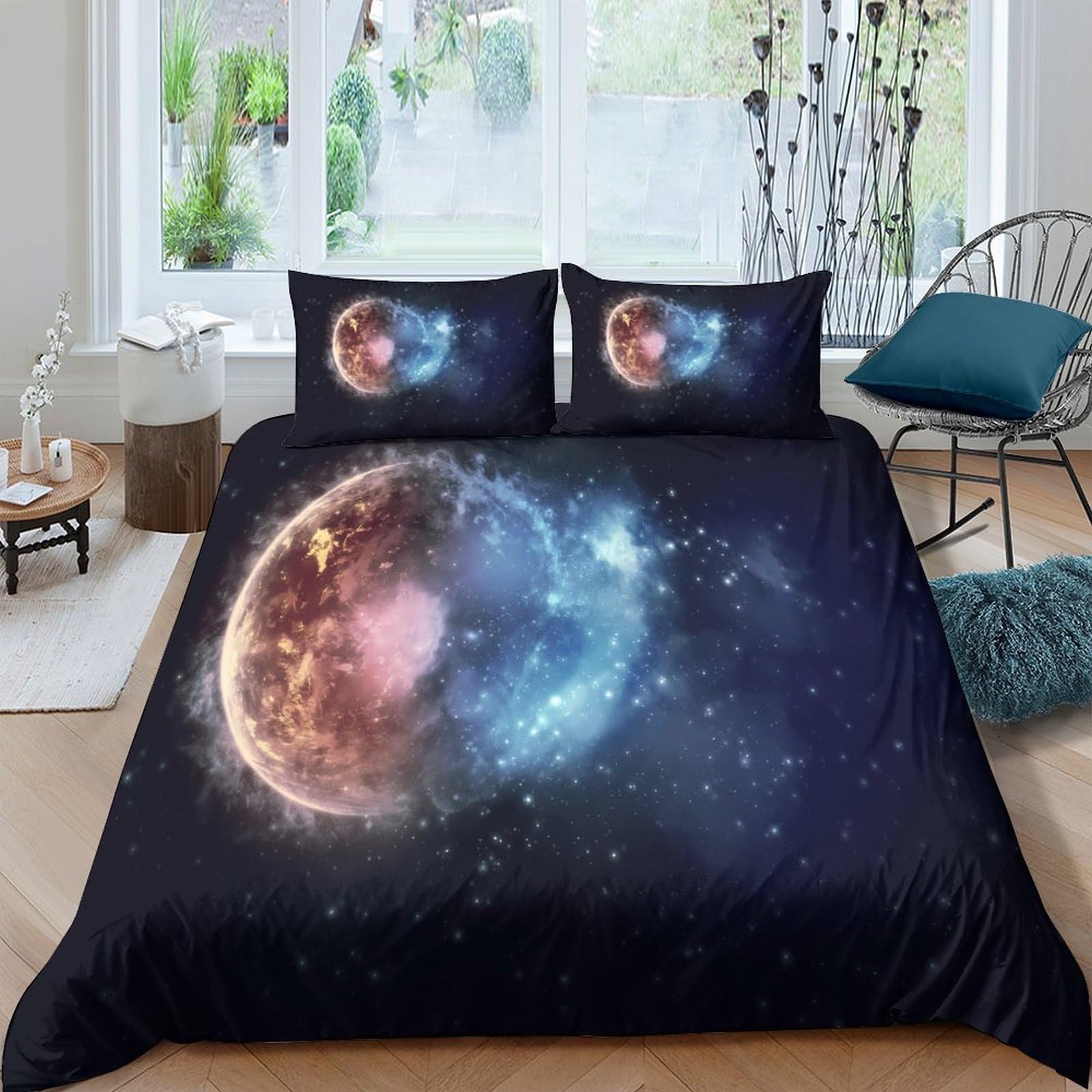 GPLZQXKJNH 3D Printed Galaxy Starry Sky Duvet Cover Microfiber Bedding Set with 2 Pillowcases Cosmic Nebula for Bedroom Home Single（135x200cm）