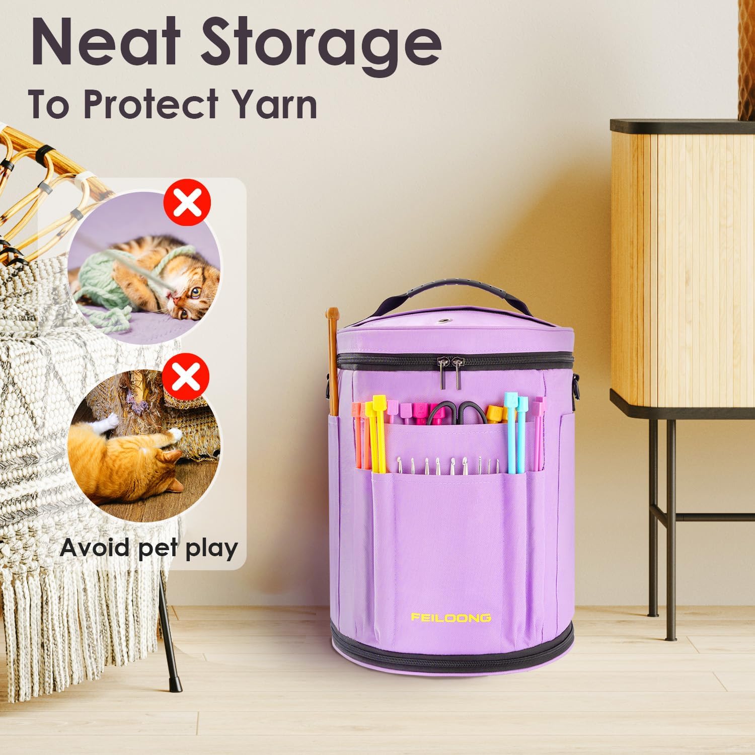 FEILOONG Yarn Bag Organizer, Expandable Crochet Bag Storage Large Knitting Bag, Portable Crochet Storage Tote Bags Organizer for Crocheting Accessories Yarn Holder for Crochet Lovers with Case