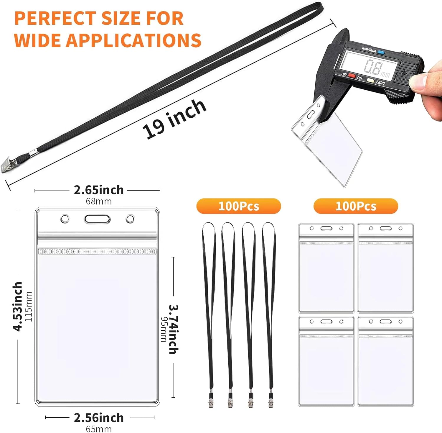 100PCS ID Badge Holder Name Tags with Lanyard, Black Lanyards for Id Badges Bulk with Clip, Waterproof Clear Reusable Vertical ID Cards Holders for School Office