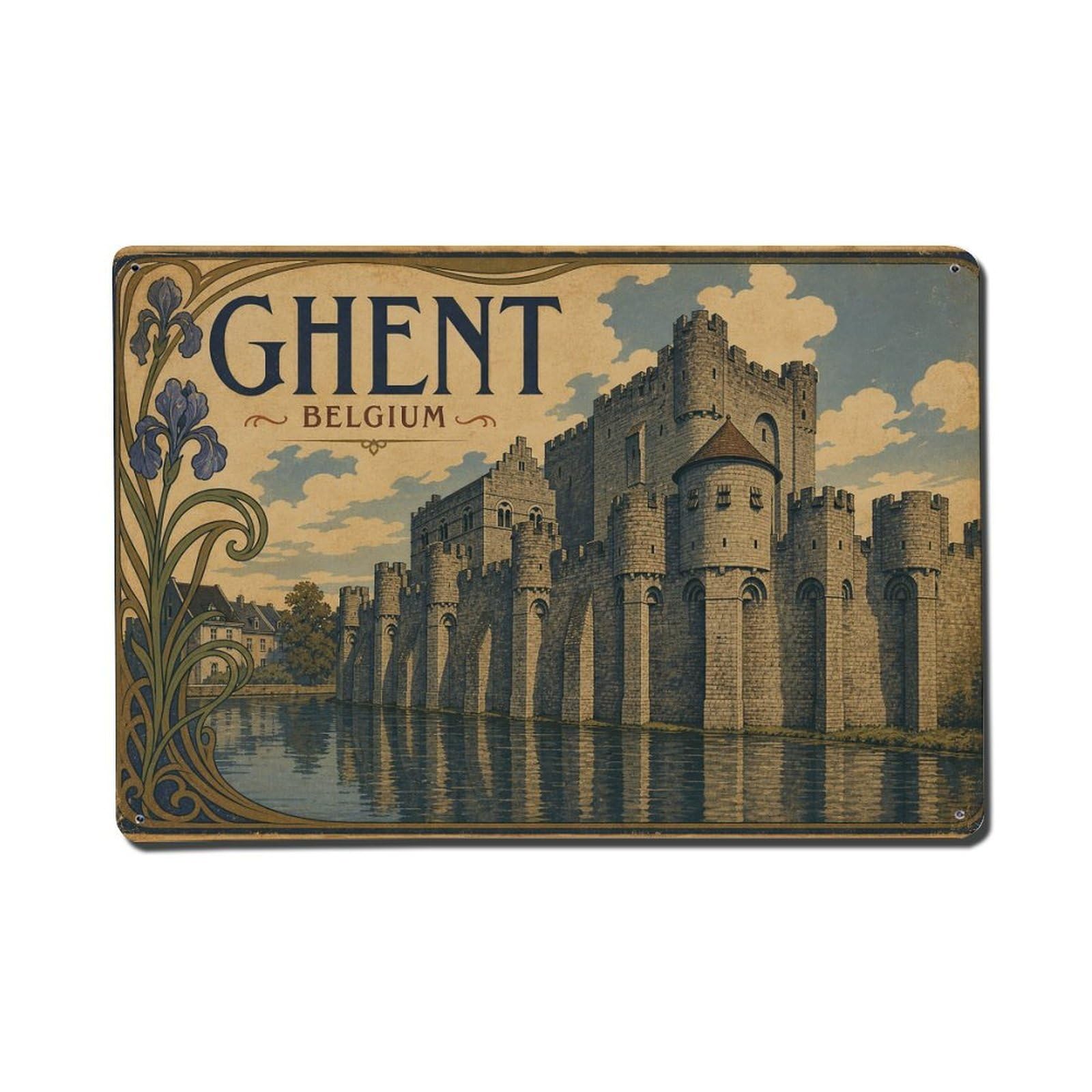 Vintage Travel Belgium Ghent 1 Metal Tin Sign Plaque Wall Decor for Cafe, Club Bar, Office, Garden Metal Poster 8x12Inch