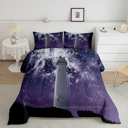 Erosebridal Juego de ropa de cama costera tamaño Queen, juego de edredón de faro náutico, decoración del océano, juego de edredón de universo