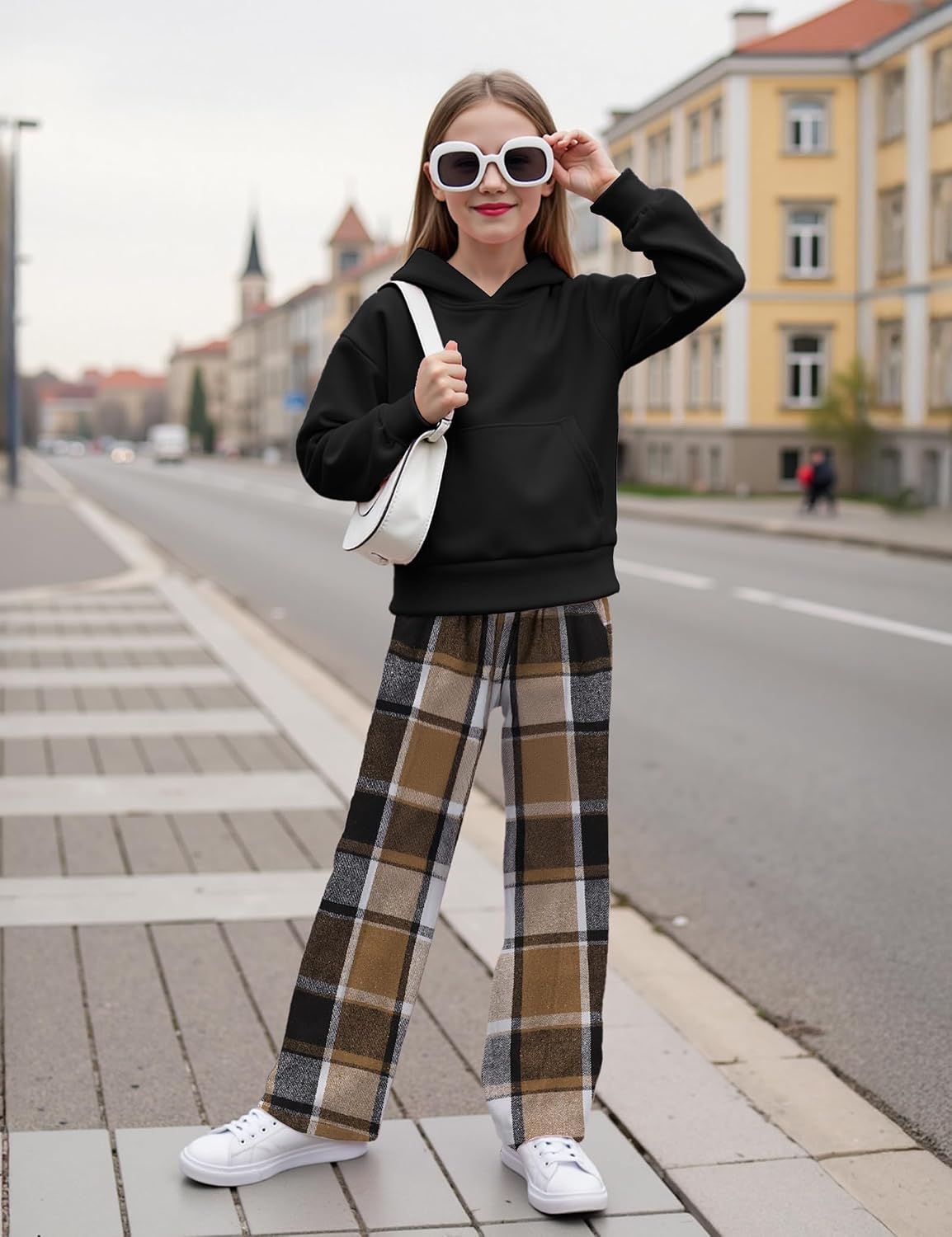 Girls Clothes Long Sleeve Hoodie Sweatshirt and Plaid Wide-leg Pants 2PCS Girl Fall Winter Outfits Size 6-16