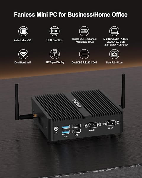 WINSMALL Lüfterloser N100 Mini PC Industrie Computer 4K Triple Display, Dual HD/DP, dual LAN, 2X RS232 COM, Auto Power On, 12V Embedded Mini pc Server, 16GB RAM 256GB NVME SSD - 2