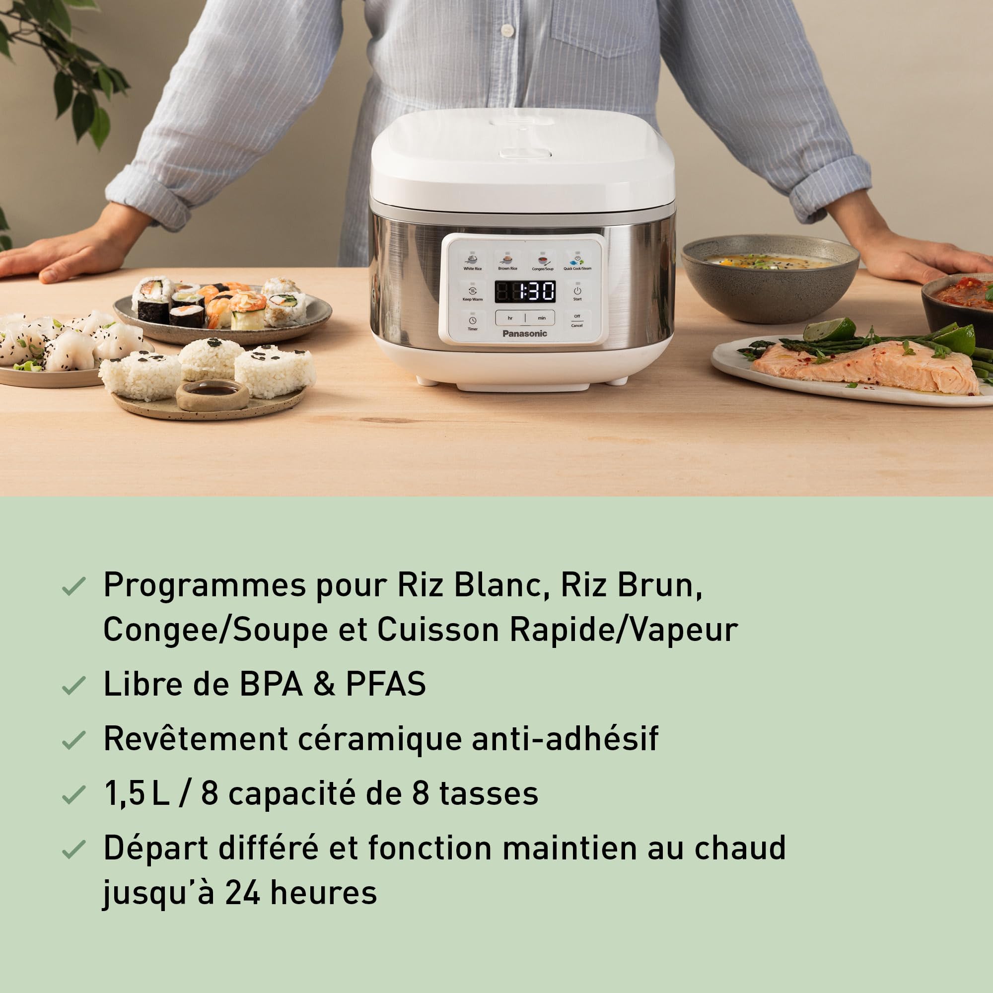 Panasonic SR-DA152WXE Cuiseur à Riz et Cuiseur Vapeur, 1.5L, 8 tasses, Fuzzy Logic, Indicateur de Quantité d'Eau, sans BPA, Maintien au Chaud, Départ Différé, Blanc