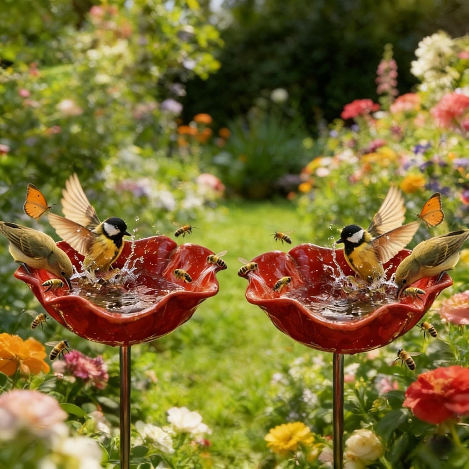 Handmade Metal Flower Garden Stake: 2Pcs 60CM Metal Flowers Bird Feeder For Garden, Rain Catcher Bird Bath Bowls, Bee Watering Station Cups, Hummingbird Water Fountain Outdoor Decor