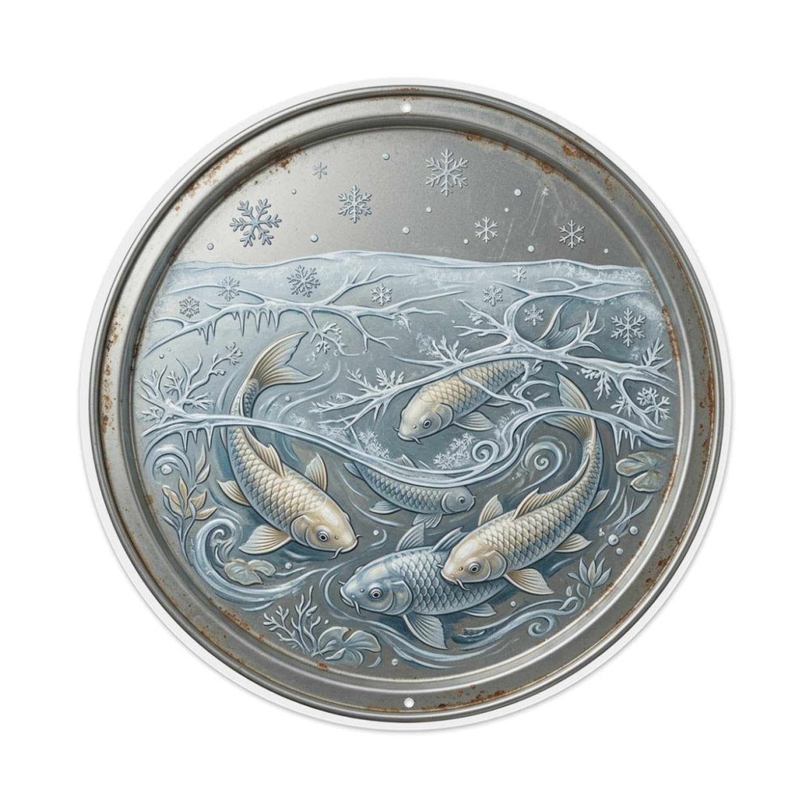 Frozen Winter Pond Koi Fish Metal Tin Sign Plaque Wall Decor for Cafe, Club Bar, Office, Home Garden Round Metal Poster 8x8Inch
