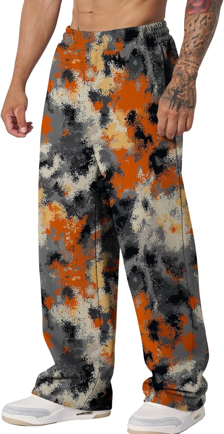 Camo Pants for Men Graphic Baggy Sweatpants Wide Legs Elastic Waist Trousers Casual Fashion Street Jogger Pocket