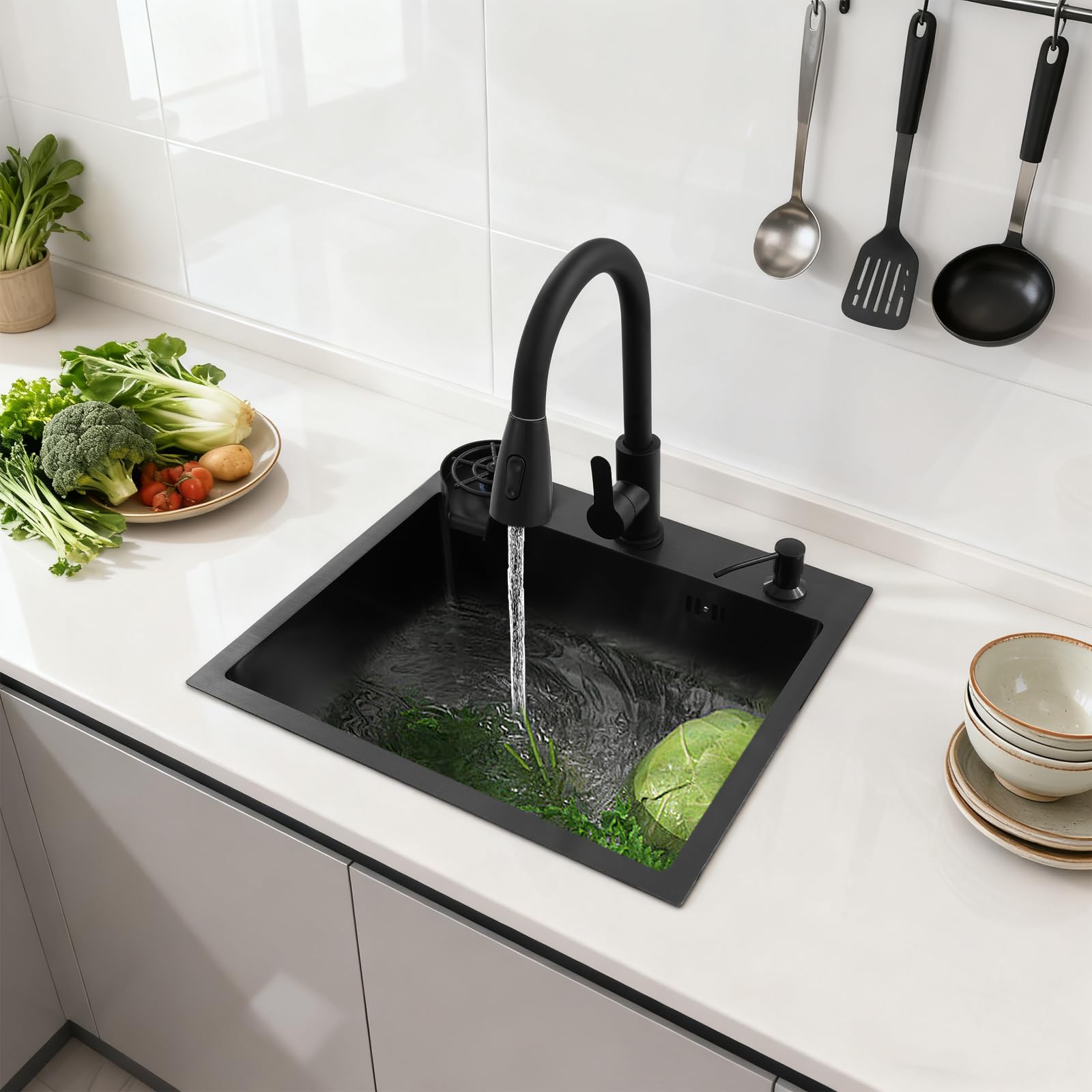 Évier de cuisine 45 x 50 cm, évier de cuisine en acier inoxydable, lavabo intégré, extensible à 360°, avec évier + panier de vidange + distributeur de savon pour évier de cuisine, plan de travail pour