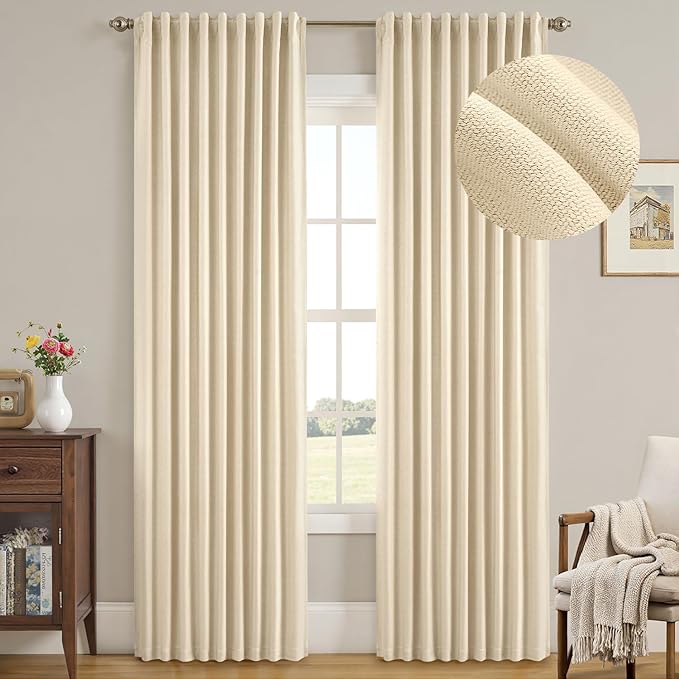 MIULEE Beige Faux Linen Blackout Curtain 84 Inch Long 2 Panels Set Rod Pocket/Back Tab/Pinch Pleated Room Darkening Textured Black Out Track Drapes for Bedroom Living Room