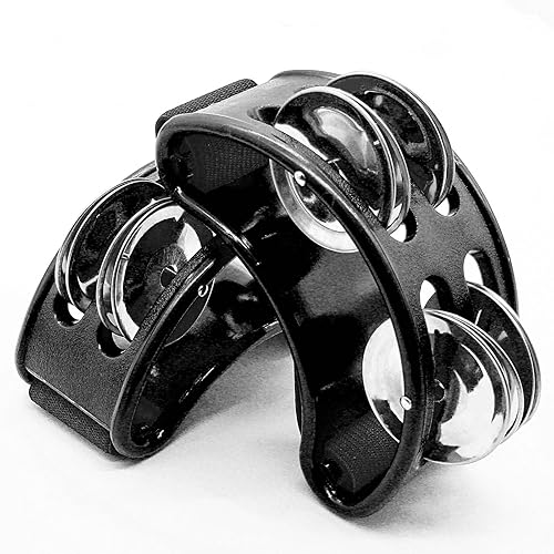 Miniatura 2 de Jiozermi 1 paquete de percusión de pandereta de pie, instrumento negro con cascabel de metal, instrumento rítmico para adultos