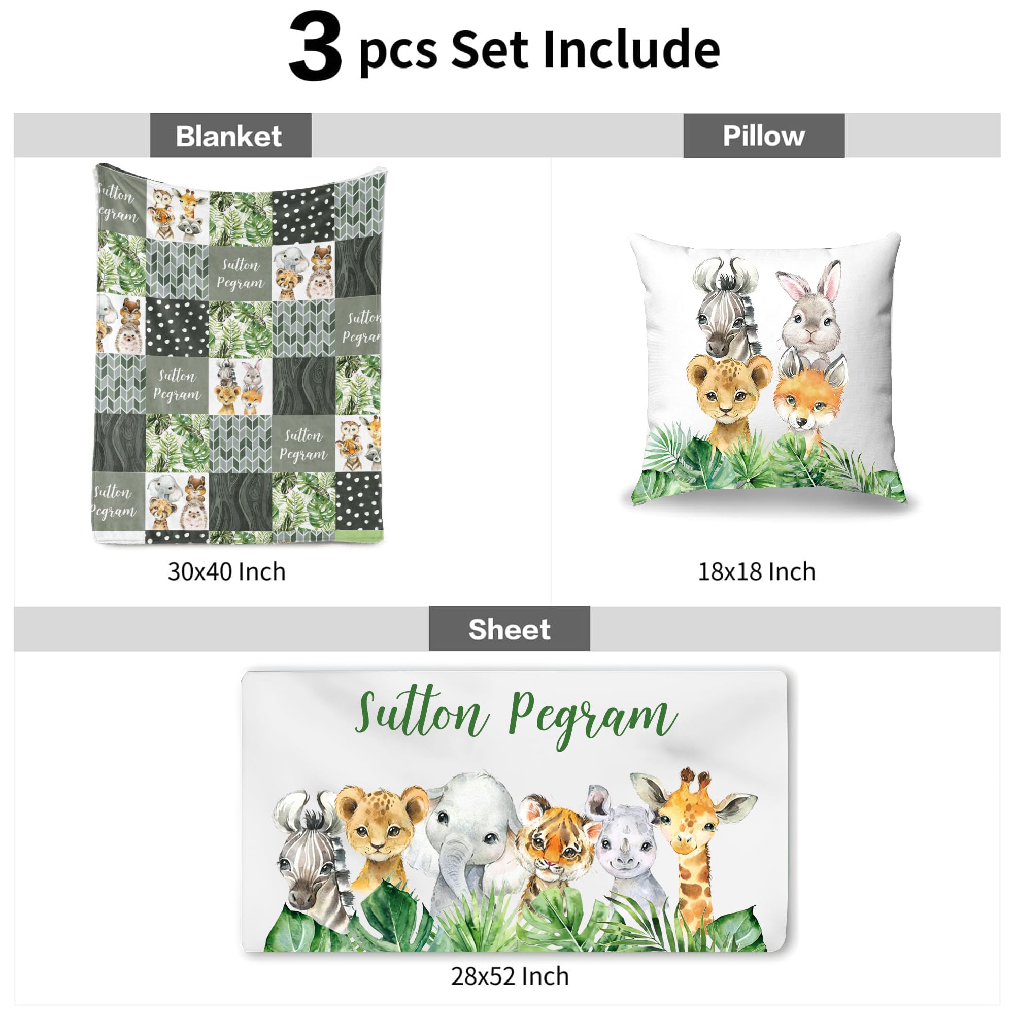 3 Pcs Baby Crib Bedding Set for Boys and Girls, Newborn Infant & Toddler Nursery Bed Set Decor, Fitted Crib Sheet Pillowcase & Baby Blanket with Double Layer Dotted Backing (Safari HA231 3pcs)