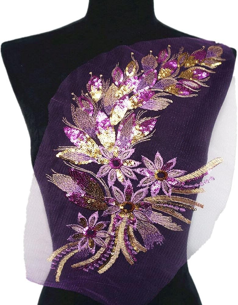 Lace Embroidery Applique，Sequins Feather Tail Flowers Appliques Lace Trims Mesh Sew On Patch Embroidery for DIY Wedding Gown Decoration (Color : Black) (Color : Blue 3)