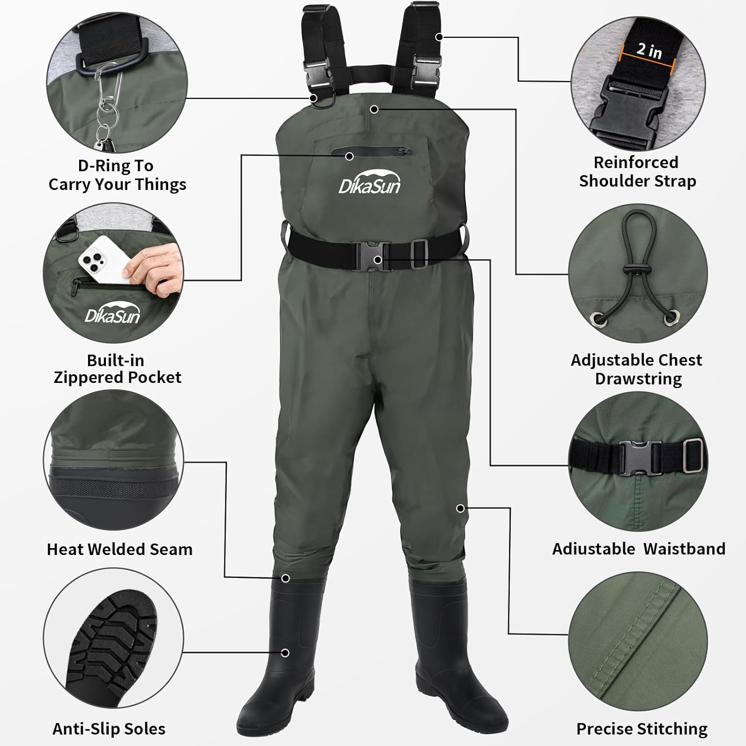 Waterproof Fishing Waders for Men & Women, 2-Ply Nylon/PVC Chest Wader with Boots for Fly Fishing (Green, M4/W6)