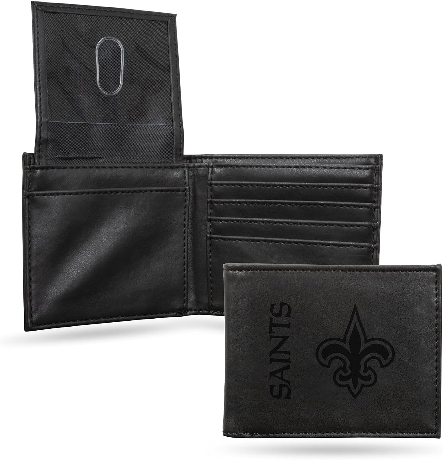 Rico Industries NFL New Orleans Saints Billfold Wallet, Black - Laser Engraved Vegan Leather, 4 Card Slots, ID Window