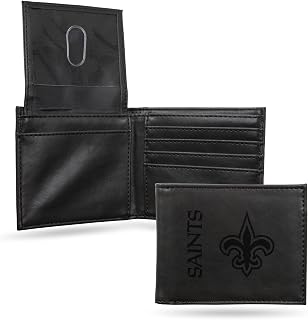 Rico Industries NFL New Orleans Saints Billfold Wallet, Black - Laser Engraved Vegan Leather, 4 Card Slots, ID Window
