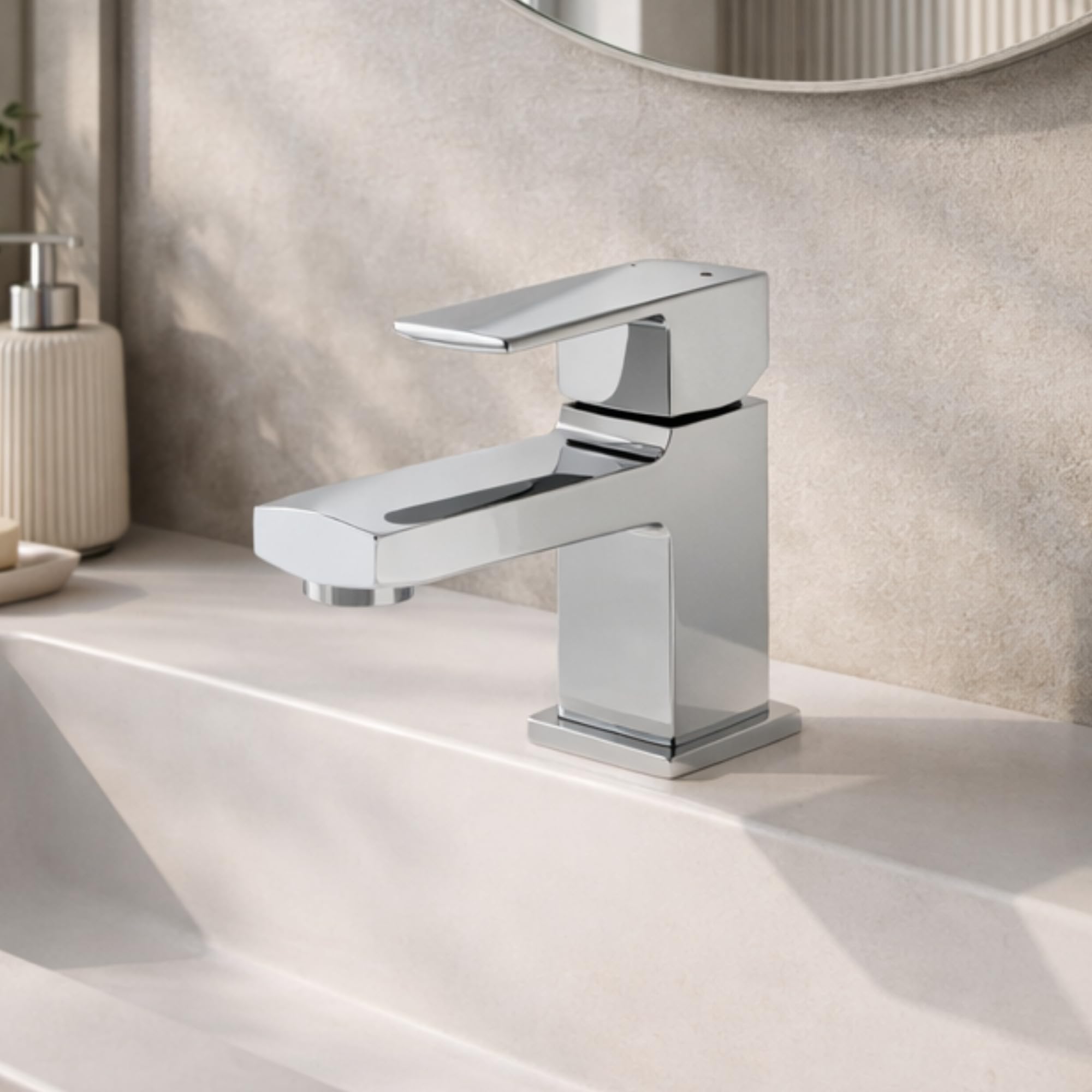 Nuance - Mini mezclador monomando para lavabo cromado, grifo compacto de una sola palanca, construcción de latón macizo, accesorio moderno para baño