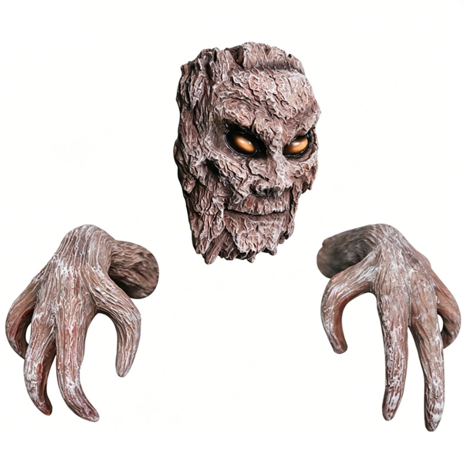 Décoration de Visage d'arbre en Résine, écorce de Visage, Décoration de Personne avec Mains, Ensemble de 4 Pièces, Aspect sculpté Réaliste, Montage Facile pour Clôture de Jardin (3PCS 1 Jeu)