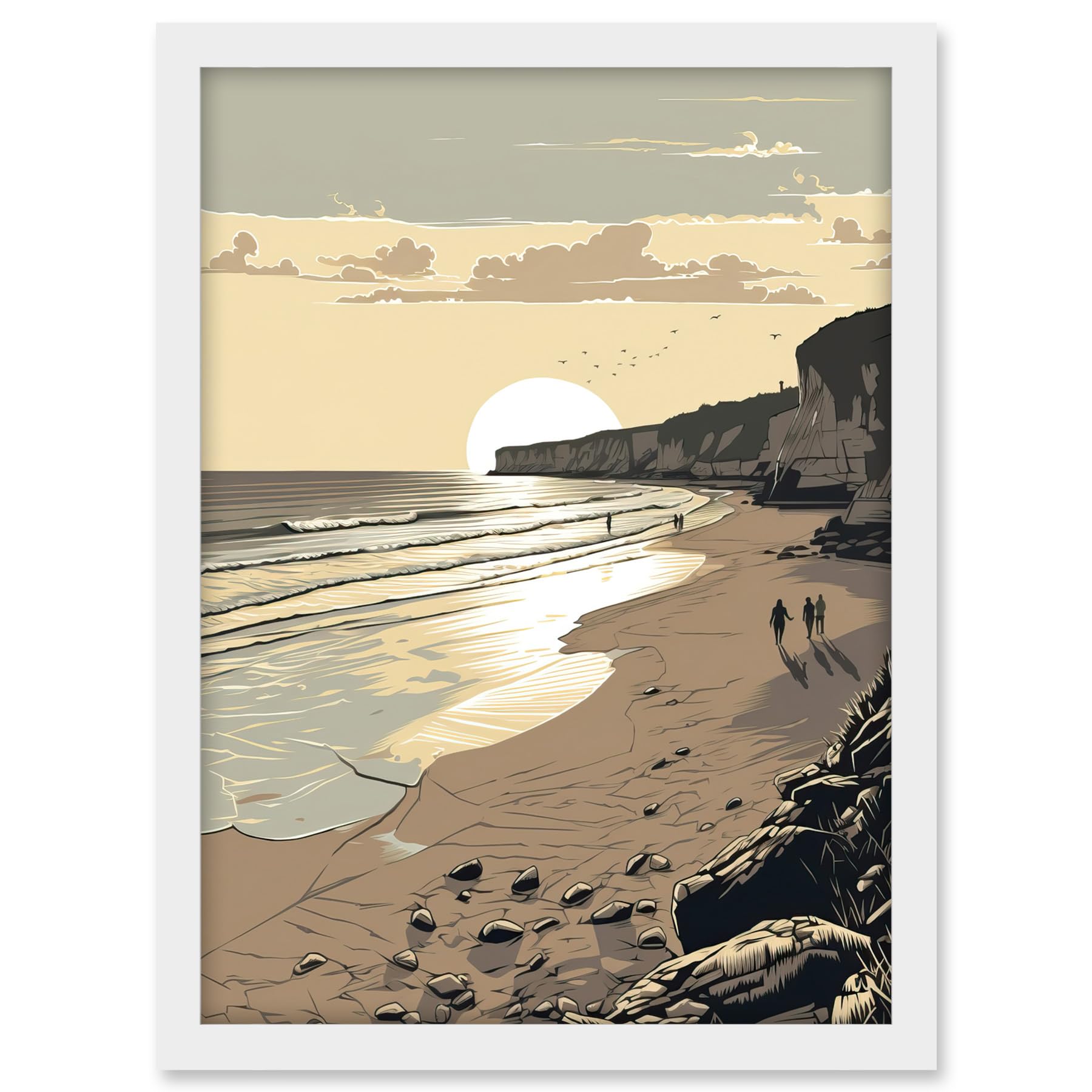 Artery8 Sunrise Walk on Filey Beach Coastal Illustration Artwork Framed A3 Wall Art Print