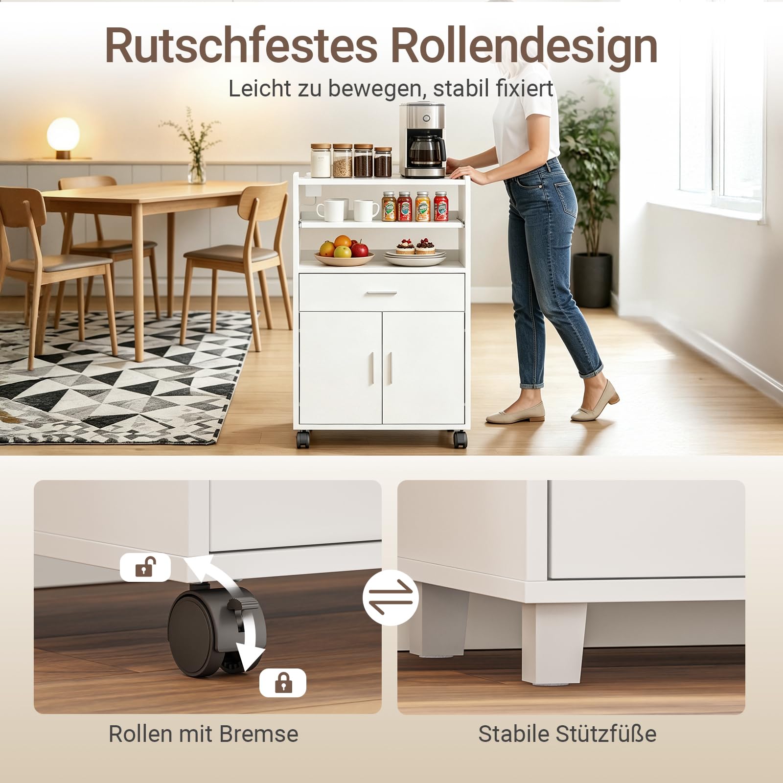 SoBuy Mikrowellenschrank mit 4-in-1-Ladestation für Küche 61,5×40×92 cm | Küchenwagen mit Arbeitsplatte, flexibel mit 4 Rollen (2 feststellbar) oder 4 Standfüßen nutzbar, aus PB und MDF, FSB09-E-W