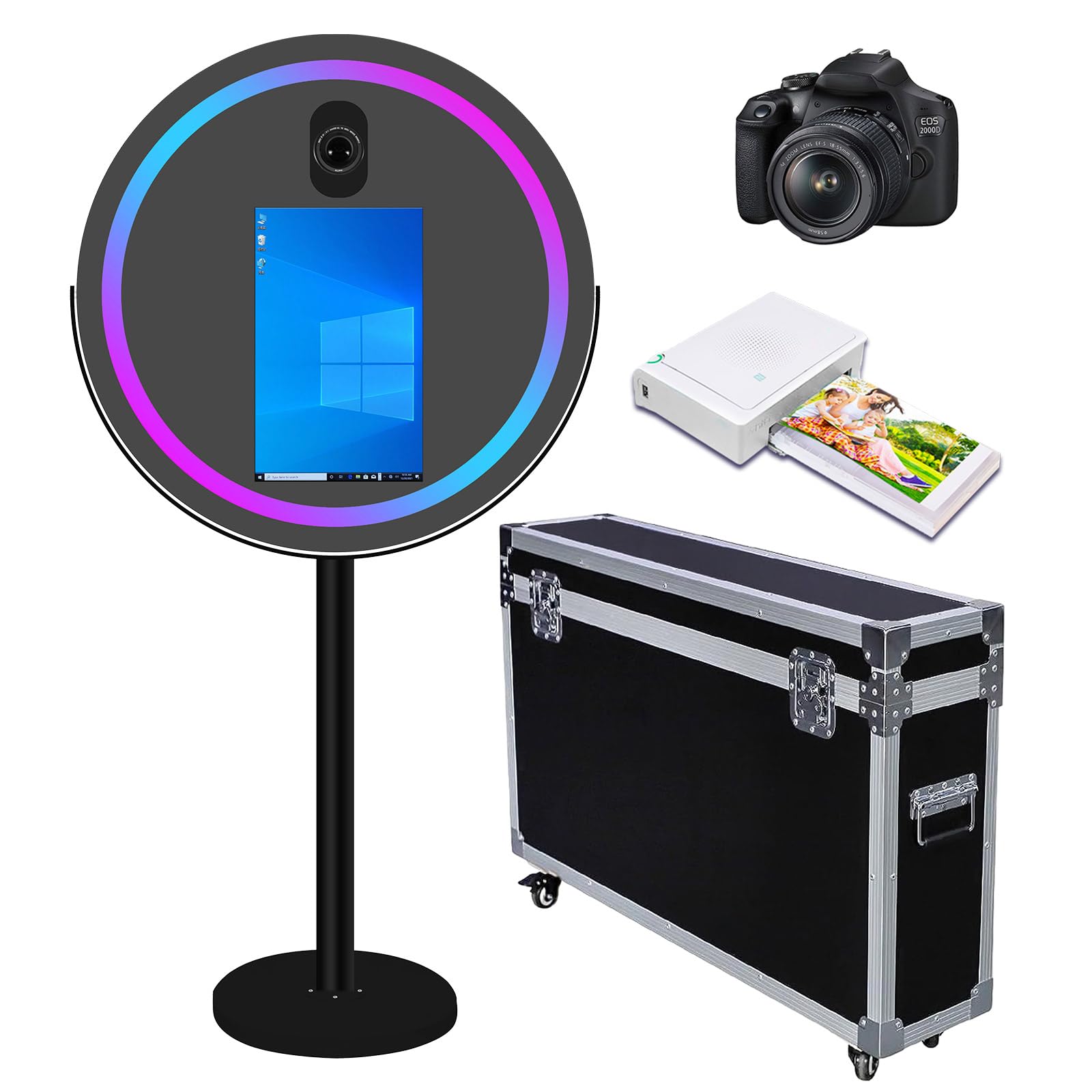 Round Mirror Photo Booth Selfie Led Frame Portable 21.5in Touch Screen Magic Mirror Booth Machine for Wedding Party Events (Black, Photo Booth+Camera+Mini Printer)