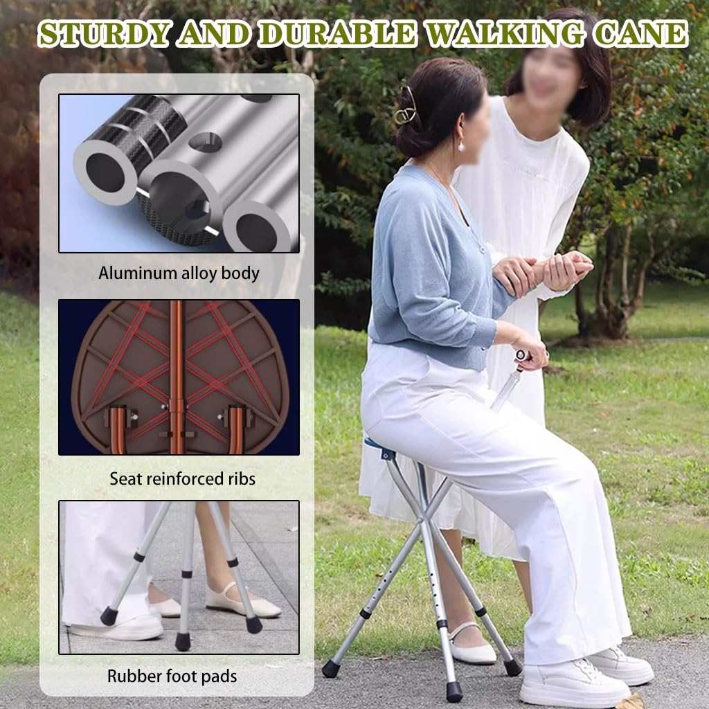 Bastón Bastón Extensible Muletas con Asiento Multifuncional 2 En 1, Silla De Muleta De Seguridad Antideslizante, Taburete Resistente De Las Muletas De Las Mujeres, para Viaje Al Campo(Blue Color)