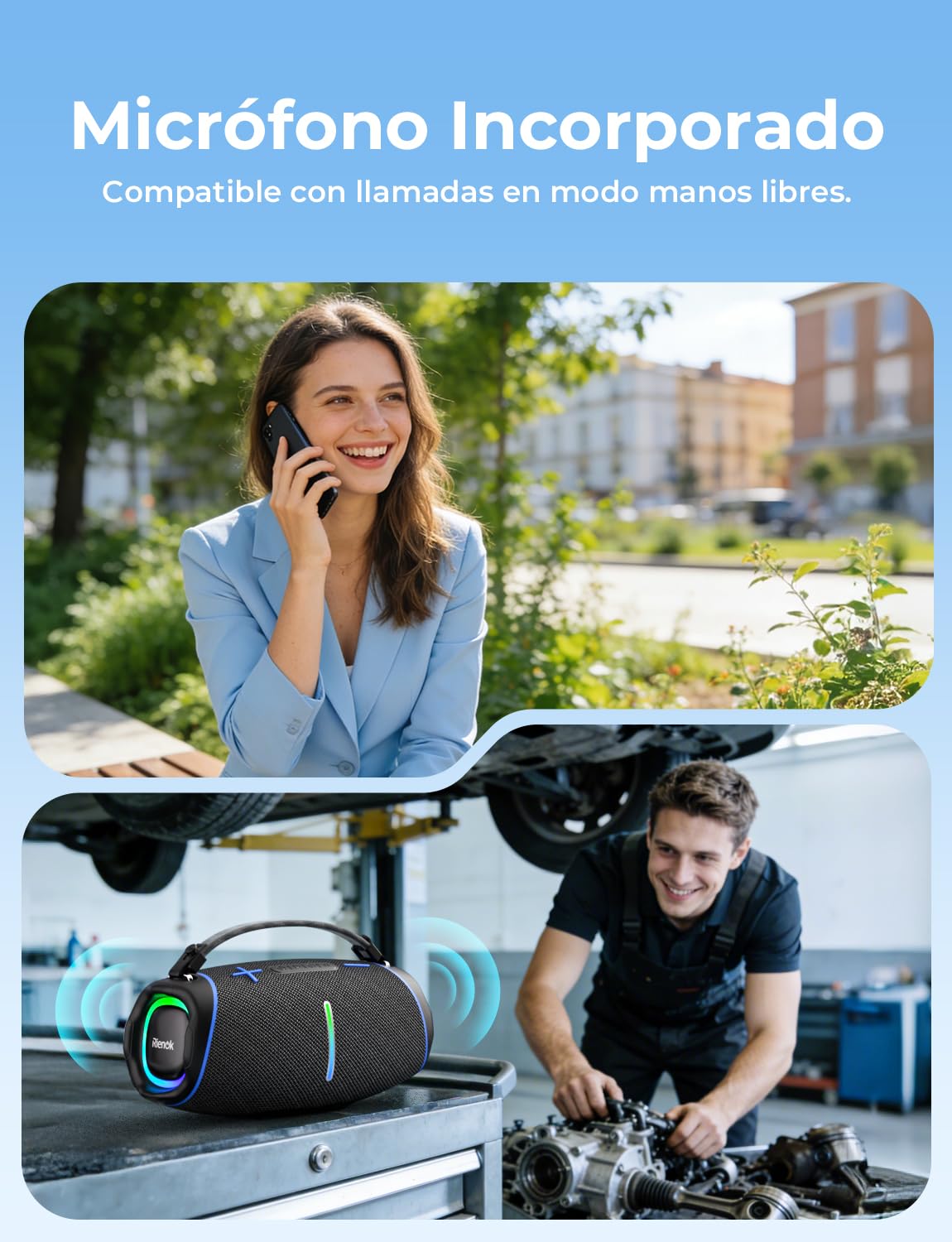 RIENOK Altavoz Bluetooth Potente 100W Portátil 30H con 2 Tweeters 2 Woofers | Impermeable IPX6 Luces RGB Bluetooth 5.3 Inalámbrica Emparejamiento Estéreo Apoya 128G Tarjeta TF, AUX, Memoria USB