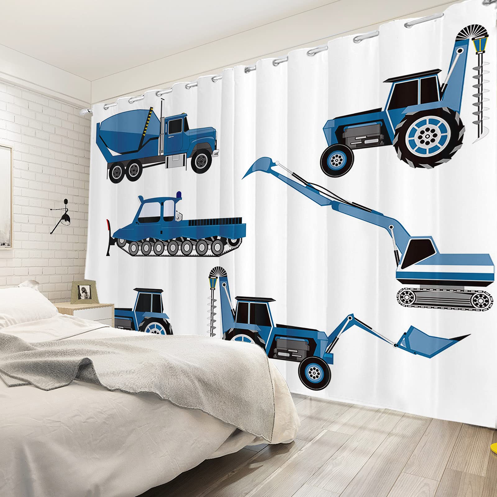 Yeele 42x63inches Boys Kids Bedroom Window Curtains Cartoon Construction Truck Blackout Curtains Bulldozer Excavator Thermal Insulated Printed Curtain 2 Panels Living Room Waterproof Polyester Drapes