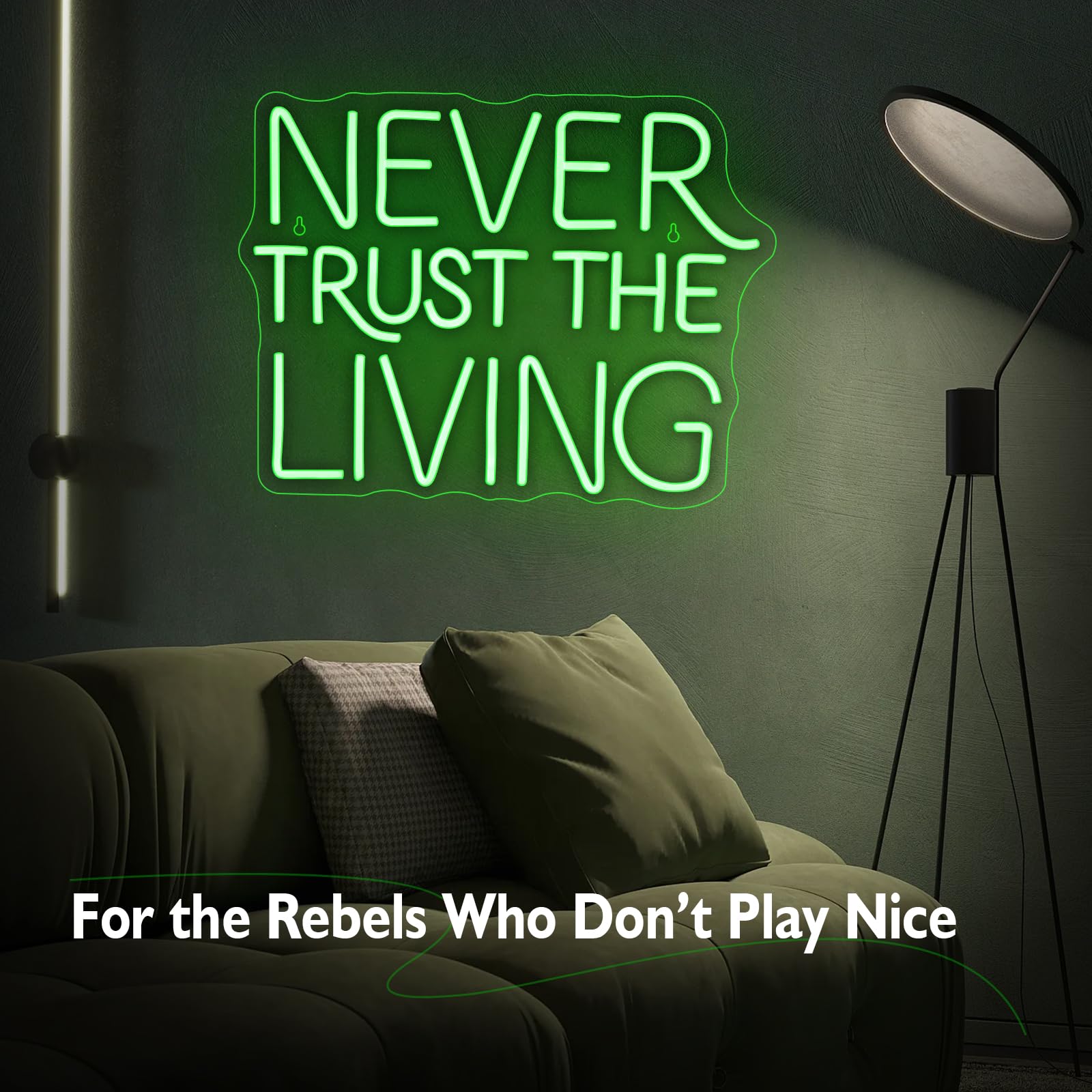 Cartello al neon a LED con scritta "Never Trust the Living", 41,5 x 32 cm, decorazione da parete in stile gotico verde, per Halloween, camera da letto, bar, tema horror, decorazione estetica spettrale