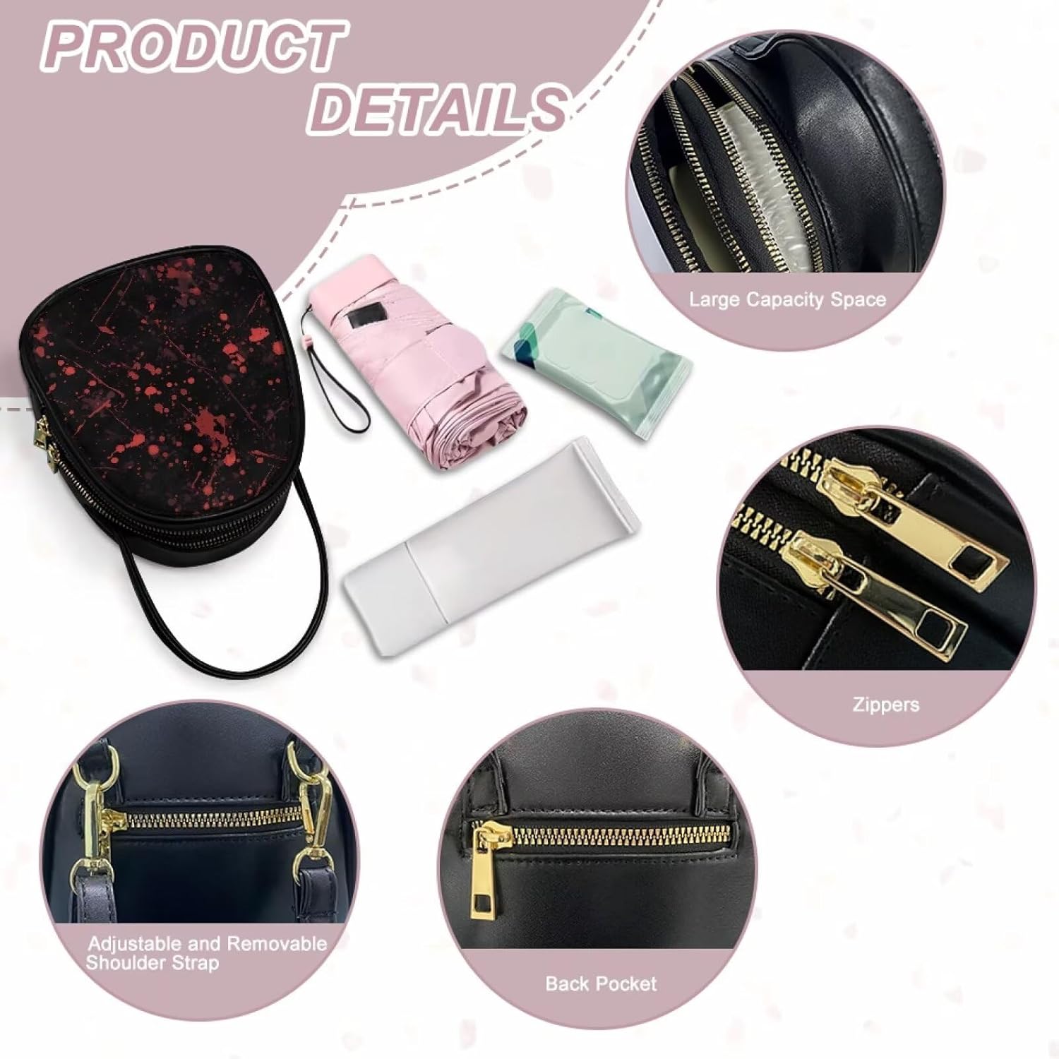 Gothic Small Crossbody Bags for Women, Mini PU Leather Cell Phone Purse Zip Shoulder Handbags Adjustable Straps