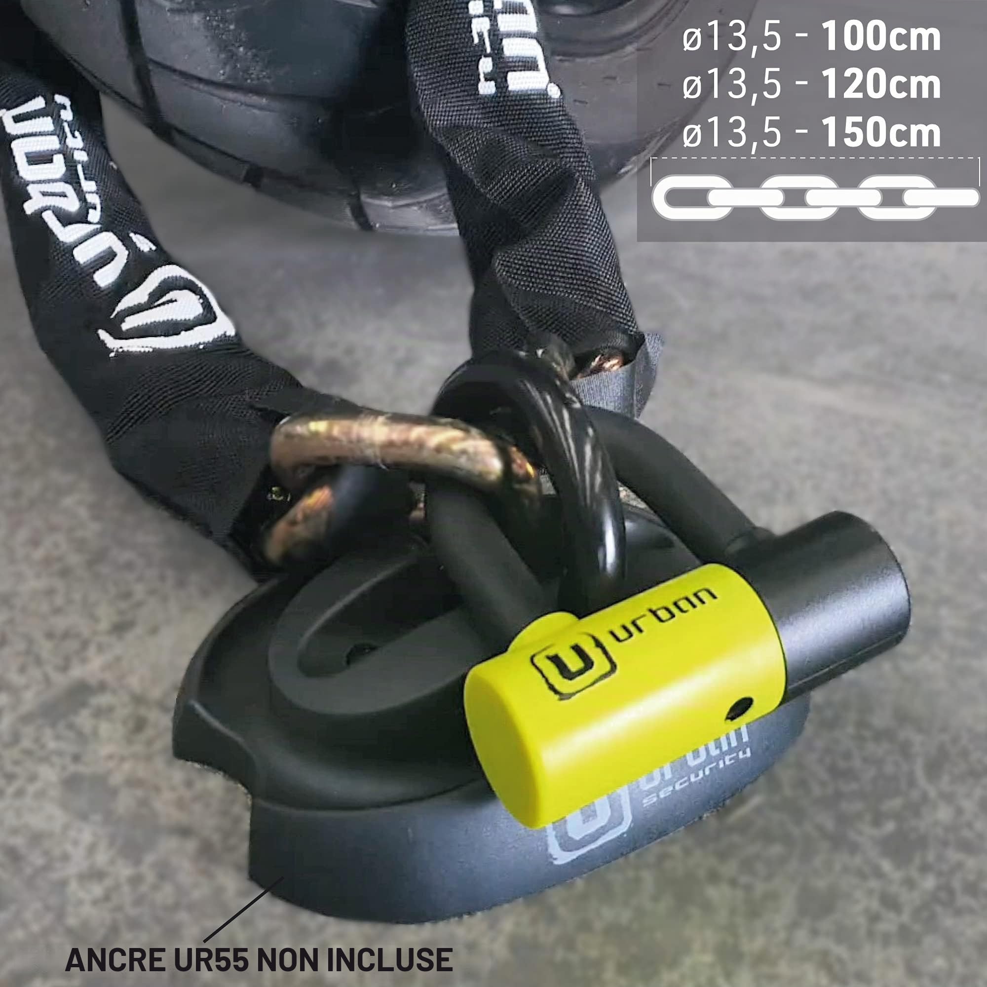 URBAN UR59K150 Antivol moto chaîne en acier trempé de 13,5 mm avec cadenas solide Mini U 14 mm, 150 cm, noir/jaune