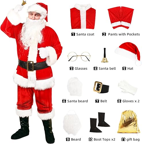 Miniatura 4 de Disfraz de Papá Noel para hombre 11 piezas traje de Papá Noel traje profesional de franela para adultos Navidad Año Nuevo Cosplay