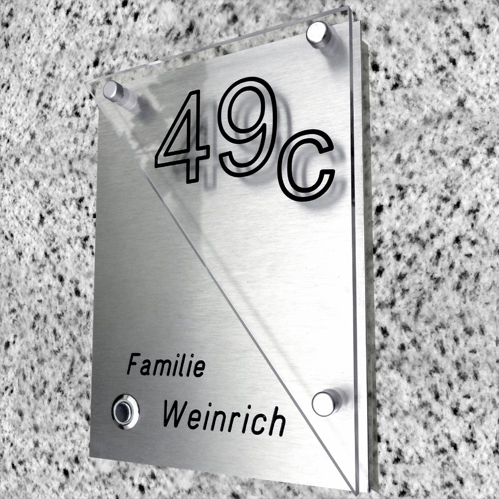 Modernes Klingelschild K12 + Hausnummer mit Klingel Rechts. Aluminium im Edelstahl - Design + Acrylglas Inkl V2A Befestigungsset. Gravur nach Wunsch. Auch LED - Taster möglich