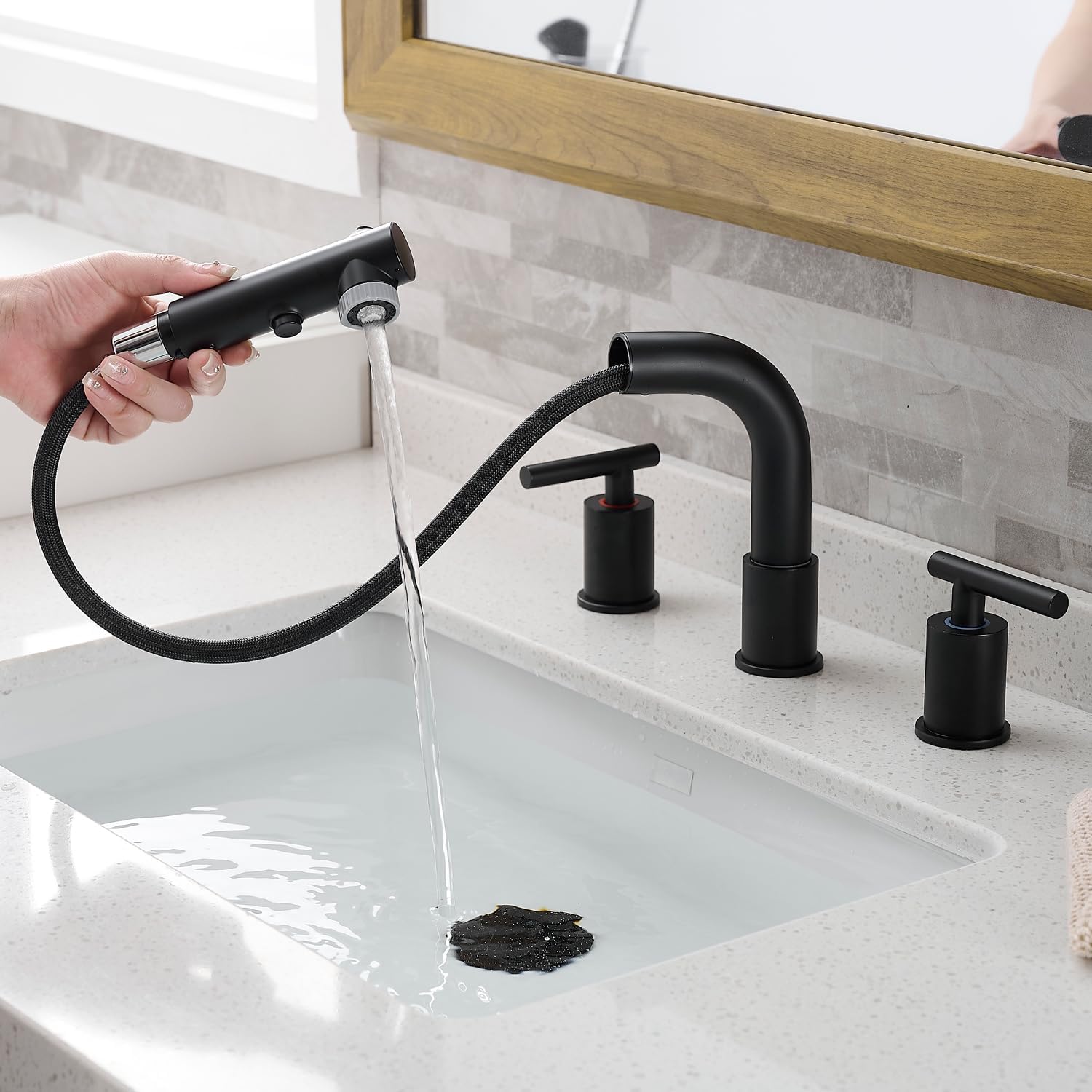 Black Bathroom Sink Faucet with Pull Out Sprayer, 8 inch Widespread ...