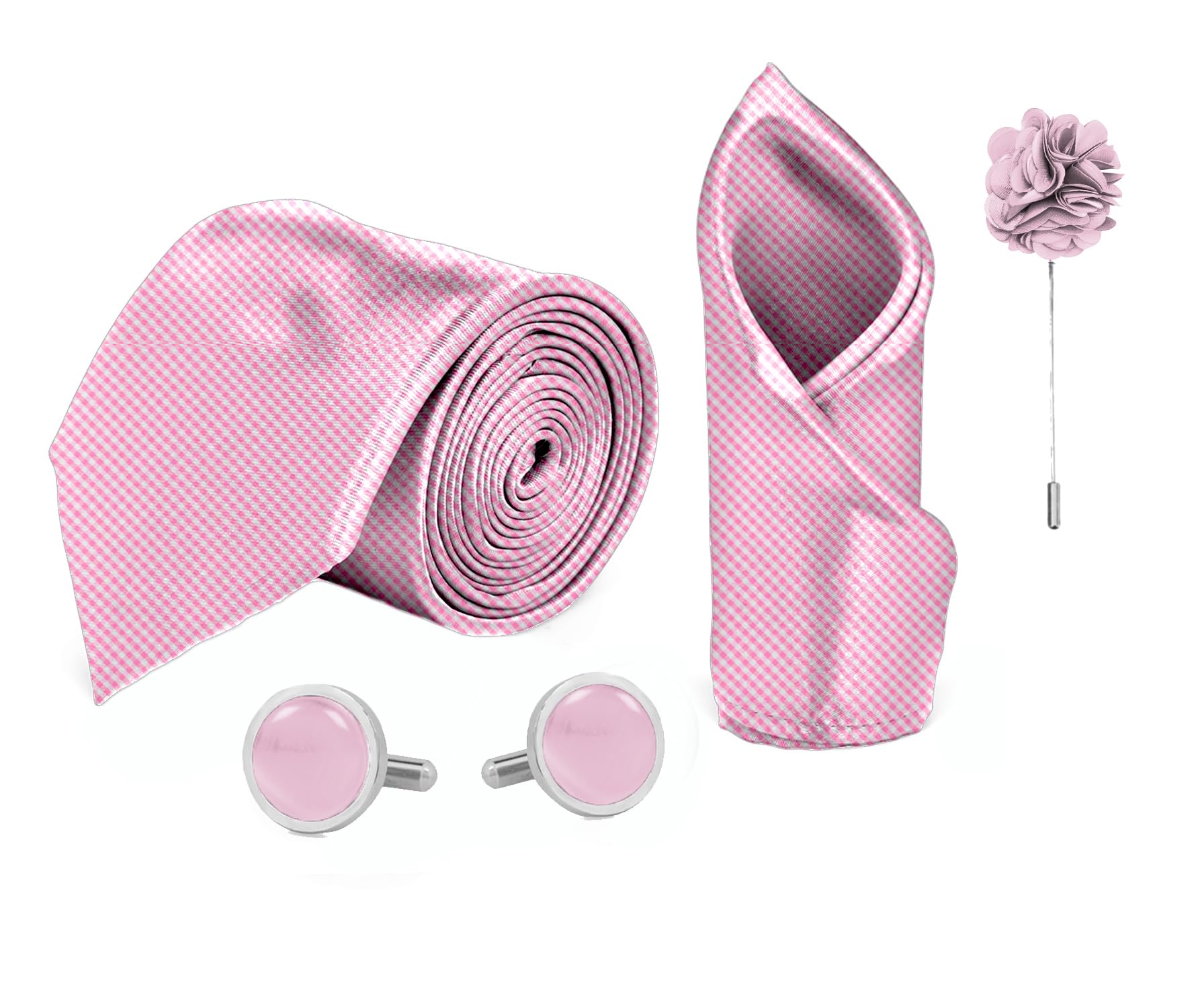 blacksmith Pink Gingham Printed Tie, Pocket Square, cufflink & Lapel Pin Set for Men-picture-30
