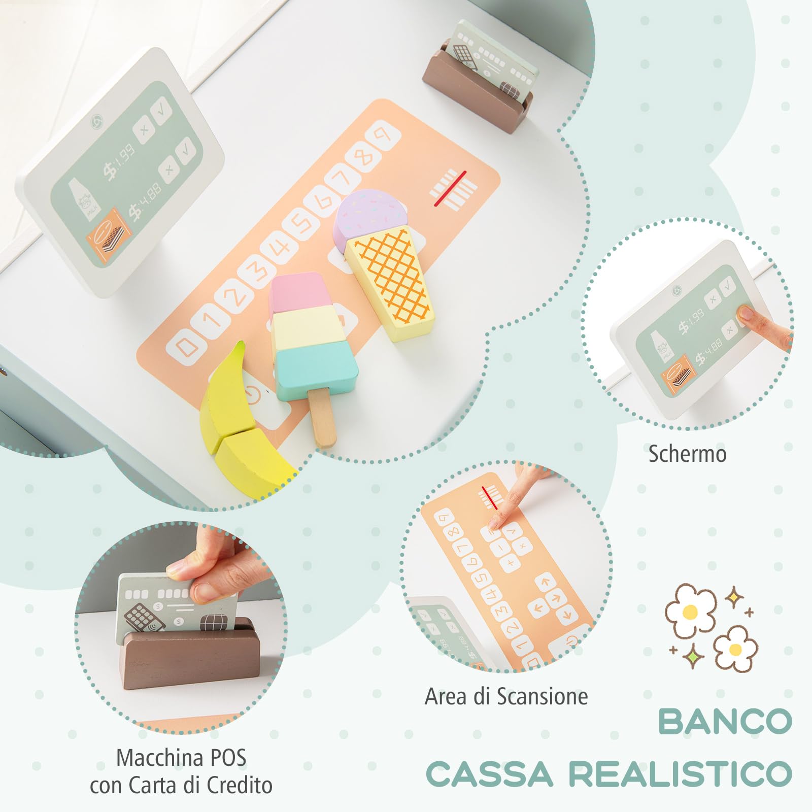 RELAX4LIFE Set di Giocattoli per il Supermercato in Legno, Supermercato per Bambini con Bancone Cassa, Distributore Automatico, Macchina da Caffè, Forno e Accessori Alimentari, per Bambini 3+ Anni