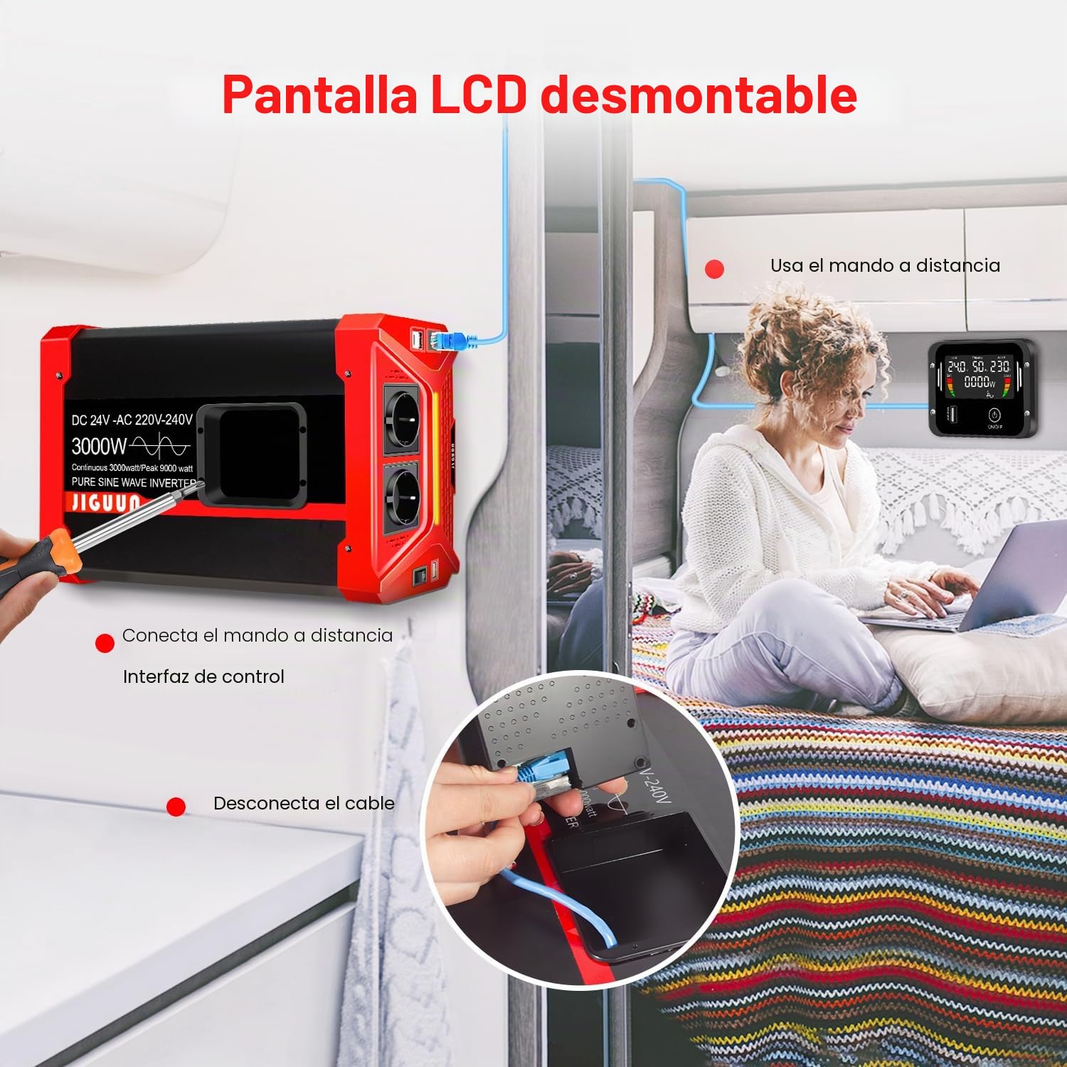 JIGUUN 3000W/9000W Inversor 24V 220V Onda Pura Convertidor Inverter con 2 Tomas EU y 3 Puertos USB y Tycp-C, Adecuado para Autocaravana, Camiones, Camping, Sistemas Fuera de la Red y más (3000W24V)