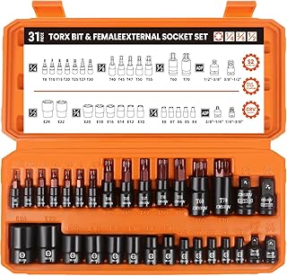 31-Piece Torx Bit Socket and Female External Socket Set, Premium CR-V & S2 Alloy Steel, Star T8-T70 & E-Torx E4-E24,Impact Socket Adapter Set,High Torque Laser Marked for Automotive Mechanic