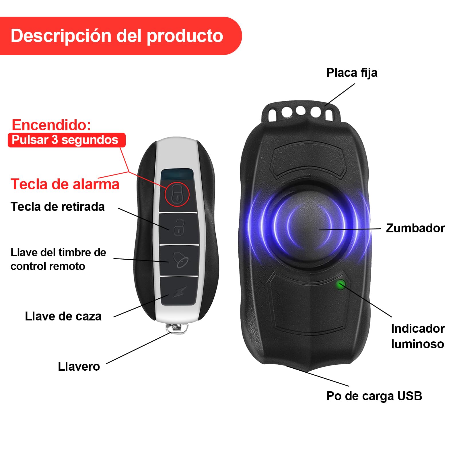 Alarma de bicicleta con mando a distancia, USB recargable, a prueba de agua antirrobo de vibración del sensor de movimiento de alarma, bicicleta eléctrica Scooter Motocicleta Super Fuerte Sonido 120dB