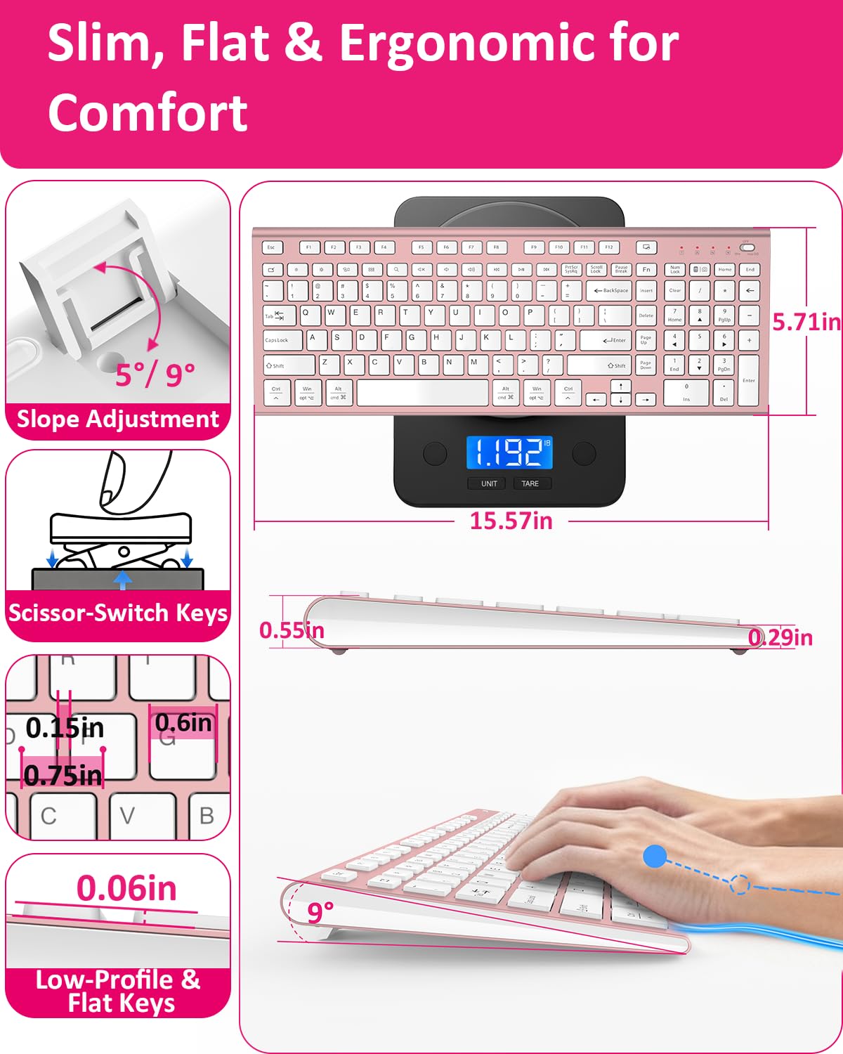 FENIFOX Wireless Silent Keyboard, Ultra Quiet USB C Low Profile Compact Full Size with Number Pad Flat Slim Thin Soft Touch for Mac Computer MacBook iMac PC Laptop Desktop Office (Pink Rose Gold) - 4