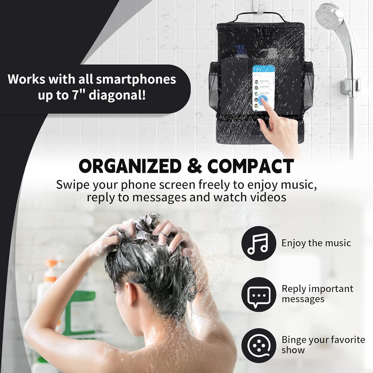 Funambulist Portable Shower Caddy College Dorm Room Essential for Girls and Guys Large-Capacity Hanging Toiletry Bag for Bathroom, Travel, and Gym (Black)