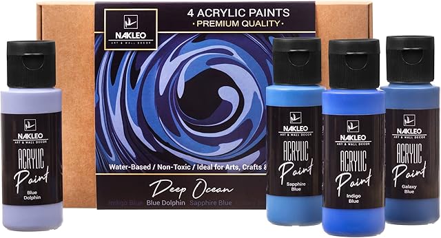 NAKLEO Acrylic Stencil Paints Set - 4 Colors (60ml, 2oz) - Deep Ocean - Blue Navy - Art Supplies DIY - Non-Toxic Water-Based Matte Wall Wood Canvas Paper Fabric Stone