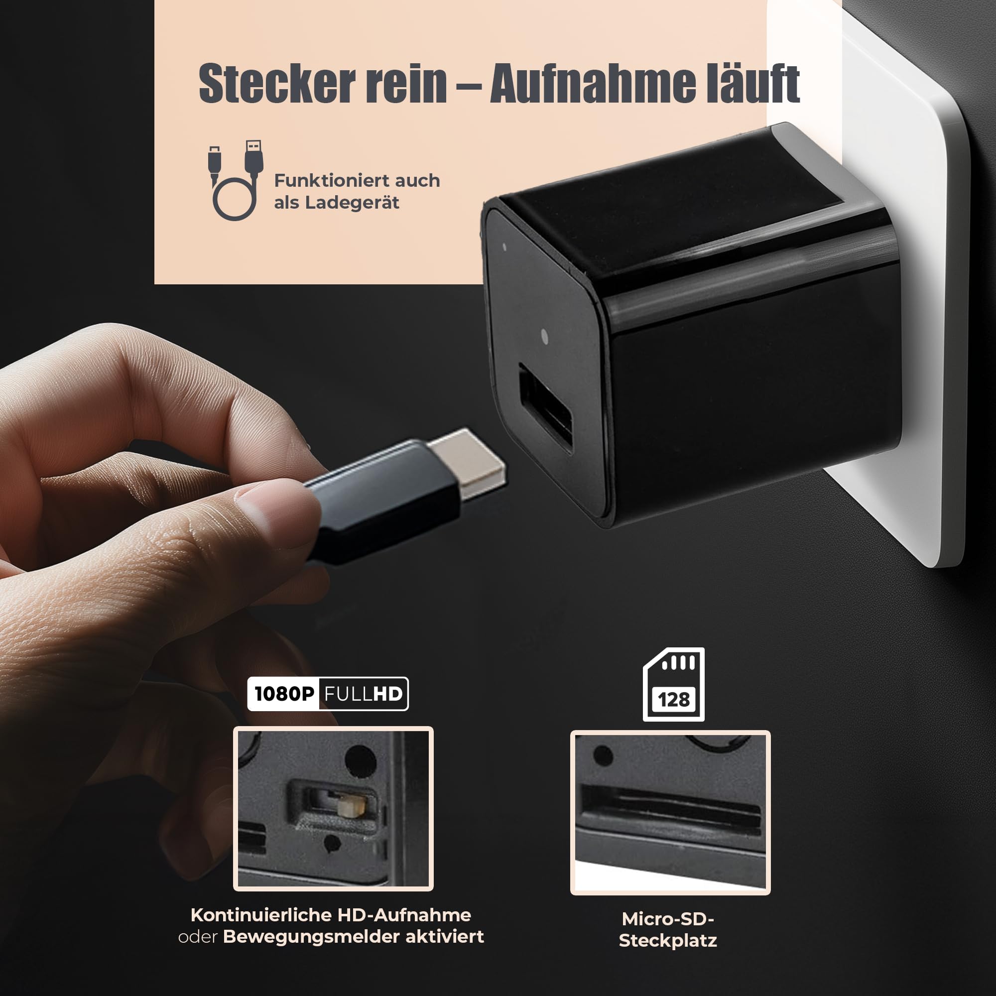 Mini‑Überwachungskamera im Ladegerät‑Design, Full HD 1080p Video, Bewegungserkennung, Sicherheitskamera für Innenräume