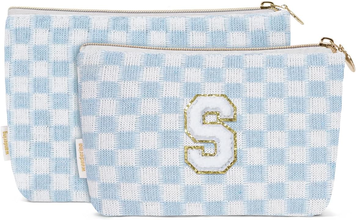 Wandering Nature Personalized Initial Makeup Bag Set – 2-Pack Small Cosmetic Pouch for Travel, Toiletry & Purse Organization, Trendy Glitter Chenille Design for Women, Moms & Daughters