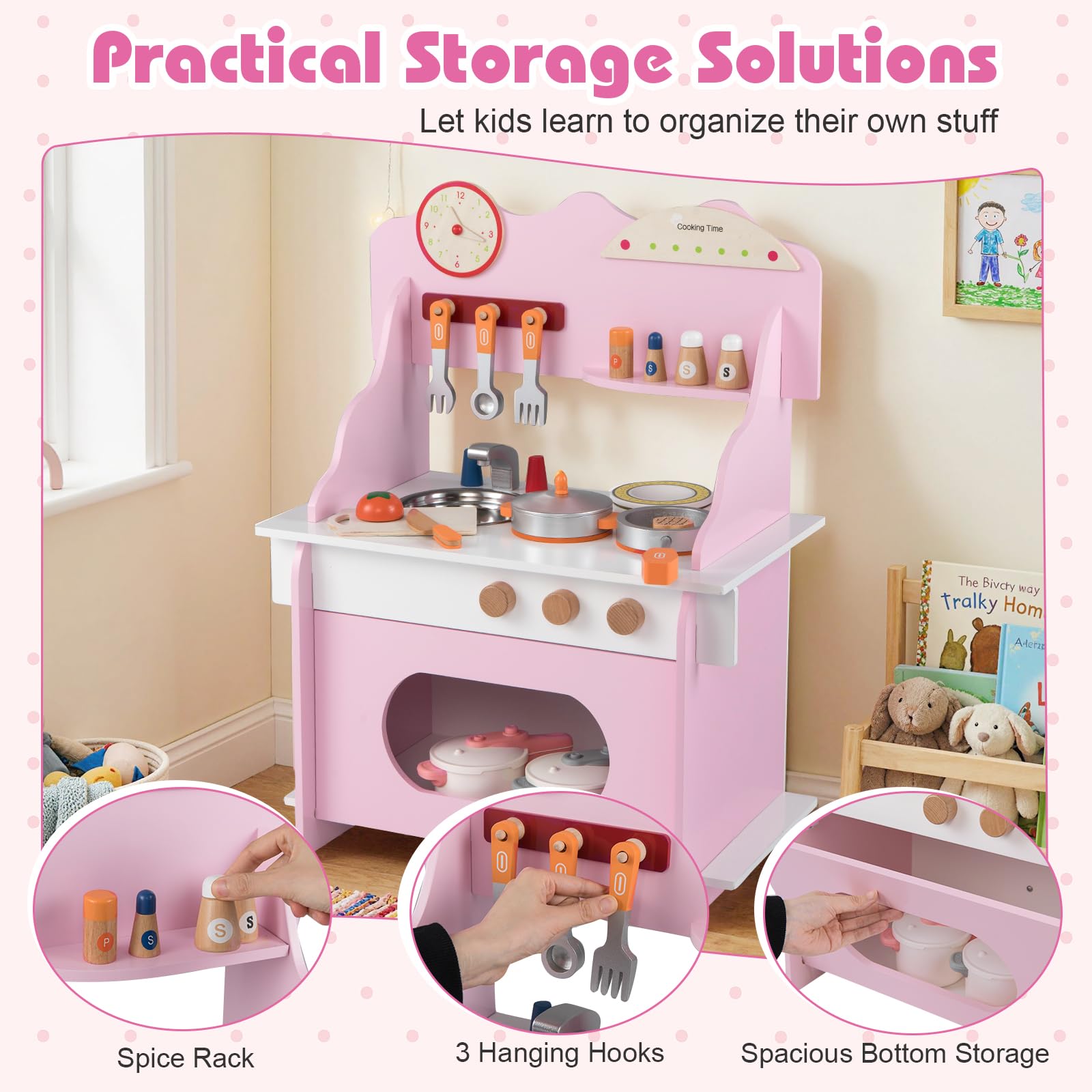 FANTASK Cucina per bambini in legno con orologio e accessori da 12 pezzi, cucina giochi con fornello/fornello/lavello e portaspezie, cucina giocattolo per bambini dai 2 anni in su (rosa)