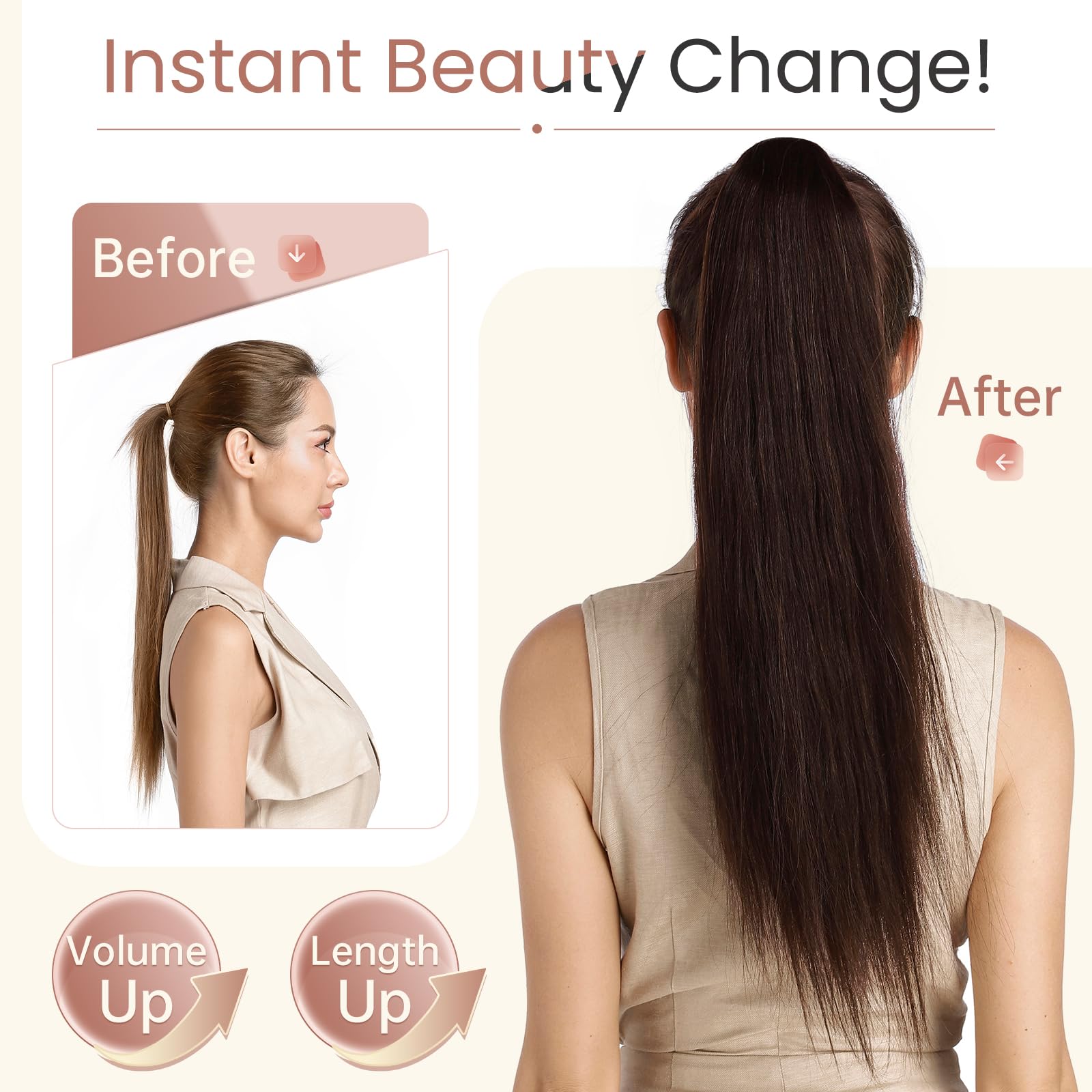 Elailite Claw Clip Ponytail Hair Extensions Real Human Hair Natural HairPiece Straight (#2 Dark Brown, 22 Inch) - Image 2