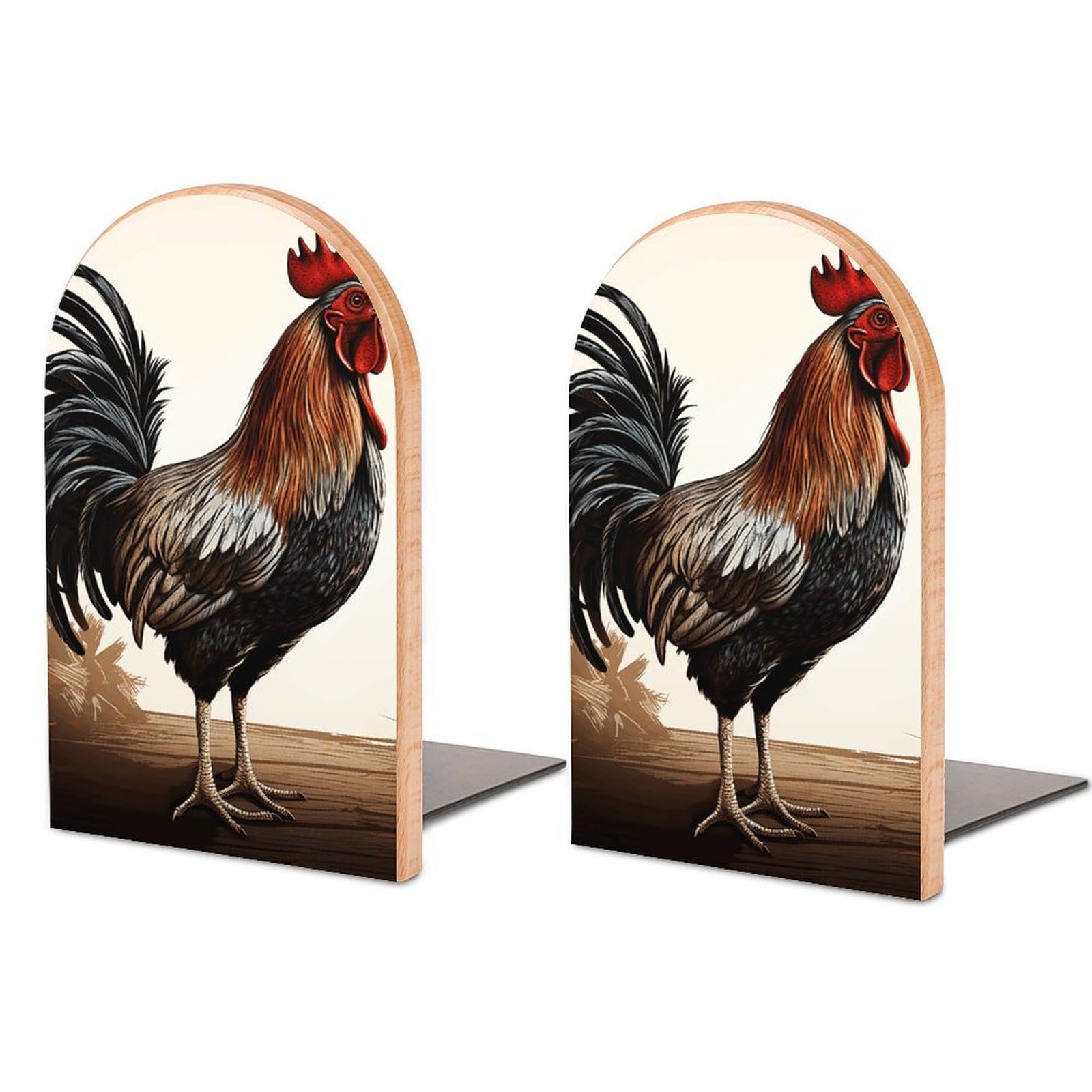 Beech Wood Book Ends Rooster Printed Bookend for Shelves Home Decorative Bookends for Heavy Books for Office Bookshelves