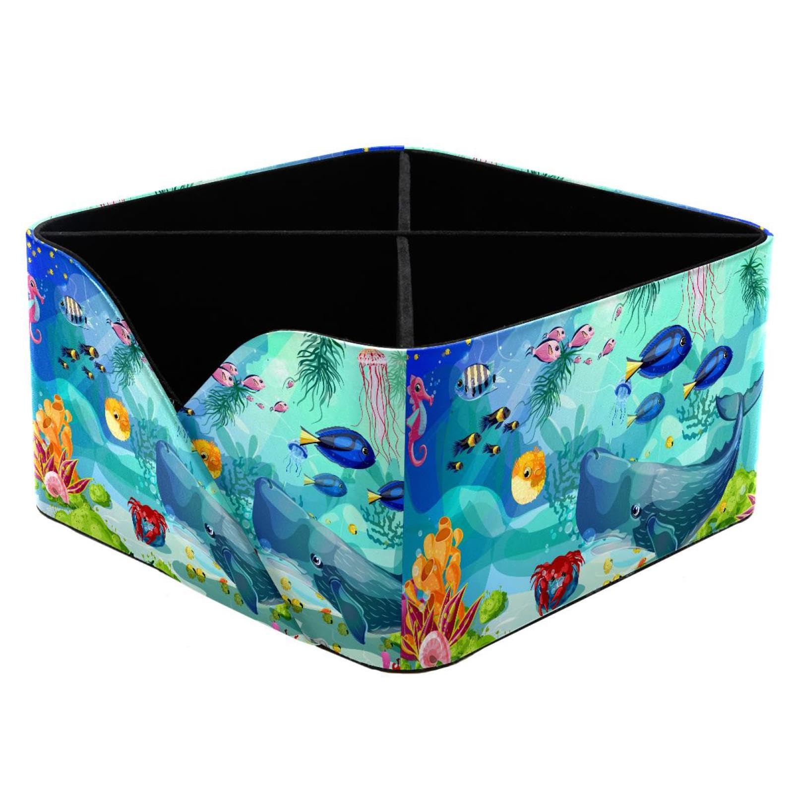 KengjuTesu Marine Whale Jellyfish Shells Crab Corals Underwater Landscap Desktop Organizer Pen Holder, Rectangular Pencil Cup for Office, Study and Makeup Stations