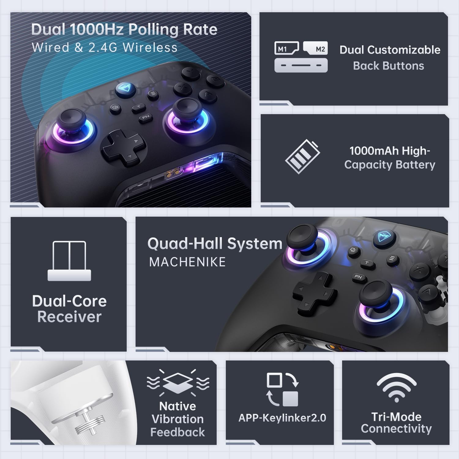 Machenike G3V2 Controller PC, Gamepad PC Wireless, 2 Einstellbare Hall Effekt Joystick, 2 Programmierbare Tasten, mit Bunten RGB-Lichtern, für Switch/iOS/Android, 1000mAh Akku (Weiß)