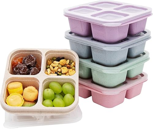 Paquete de 5 loncheras Bento, recipientes de aperitivos de 4 compartimentos, caja de aperitivos Bento dividida, preparación de comidas, lonchera