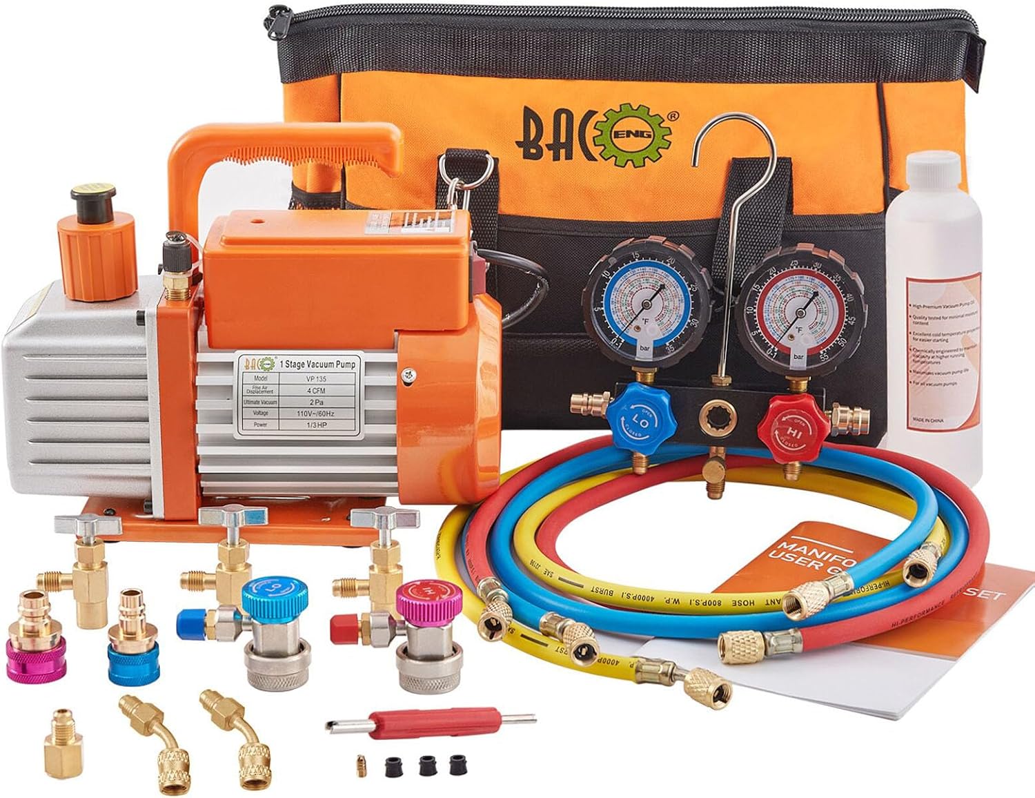 BACOENG R1234yf AC Vacuum Pump and Gauge Set, 4 CFM Sparkless HVAC Vacuum Pump Kit for R1234yf Refrigerant, with Can Tap and Quick Couplers